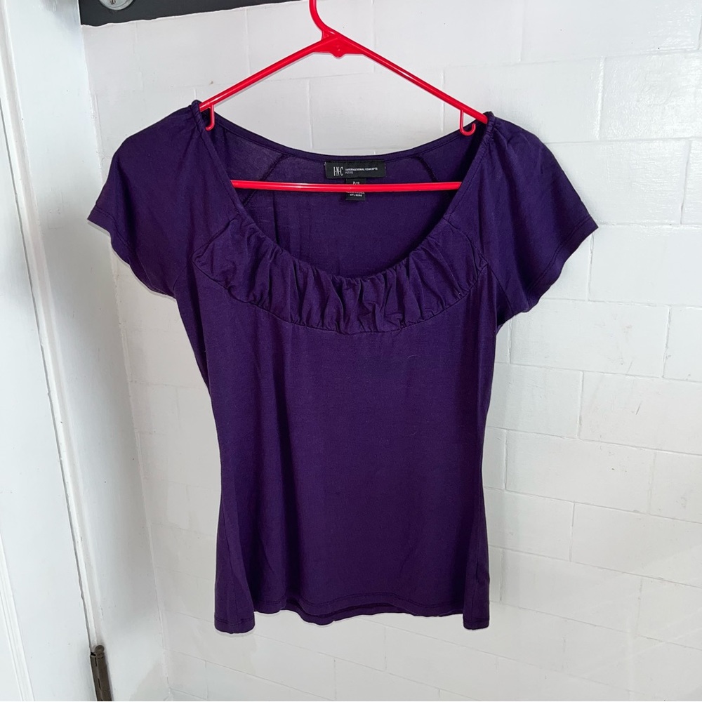 INC International Concepts Petite Purple Short Sleeve Soft Ruffle T Shirt
